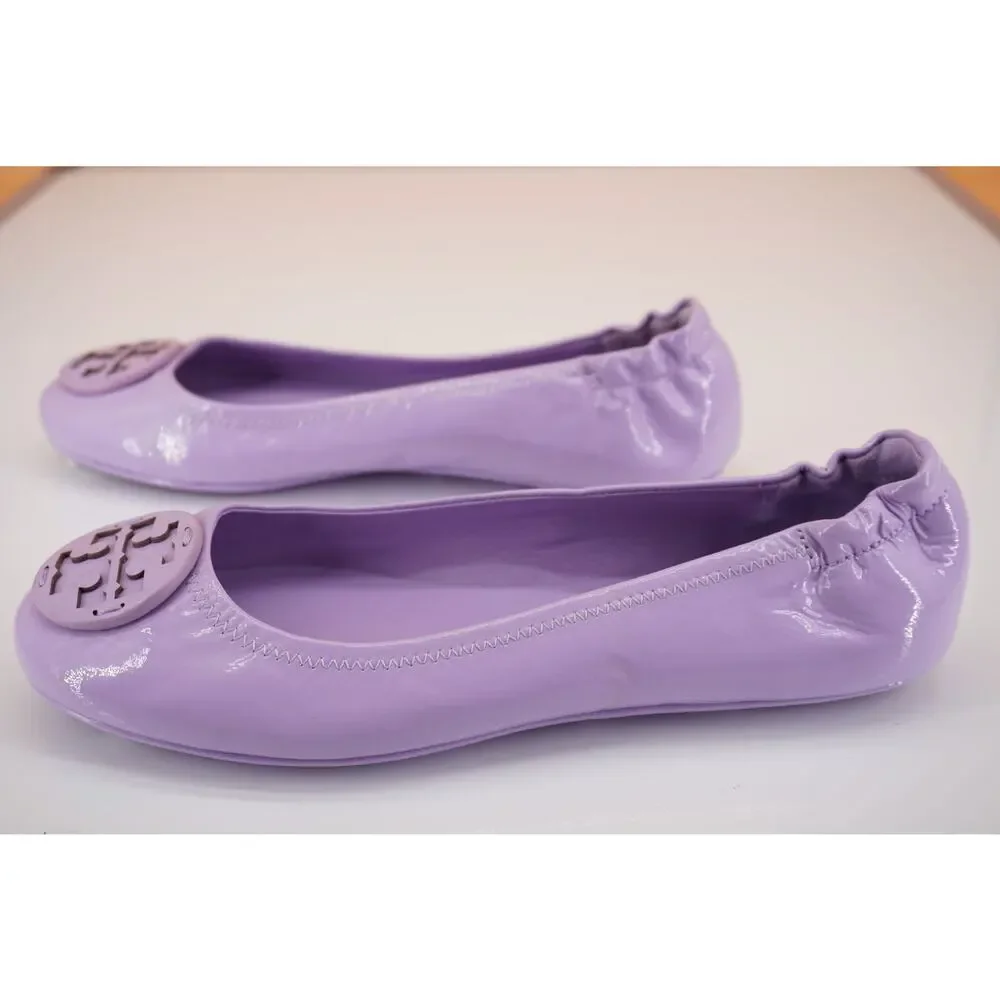 Tory Burch Minnie Purple Patent Leather Travel Ballet Flats SZ 7 Reva Logo $225